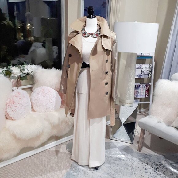 Preloved BCBG belted khaki gold faux leather sleeve trench coat jacket - Picture 5 of 16